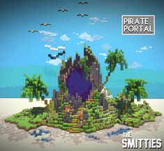 a small island with trees and birds in the sky, surrounded by blue water that says pirate portal