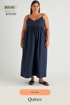 Elevate your wardrobe with our 100% Organic Cotton Sleeveless Maxi Dress - the perfect combination of style and sustainability. Made from high-quality, organic cotton poplin, this dress is not only beautiful, but also environmentally friendly. Featuring a flattering empire waist that skims the body and a flowy maxi length, this dress exudes a feminine and elegant look. The breathable fabric provides comfort and versatility, making it perfect for any occasion - from a summer wedding to a day out Chic Relaxed Fit Cotton Maxi Dress, Cotton Maxi Dress With Relaxed Fit, Cotton Maxi Dress With Empire Waist For Daywear, Casual Organic Cotton Summer Dress, Silk Tee, Wide Leg Linen Pants, Silk Tank, Silk Pajamas, Collar Blouse