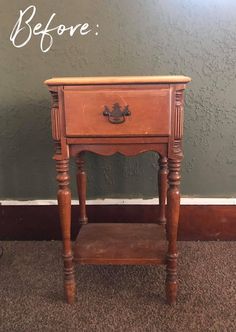 a small wooden table with the words before painted on it