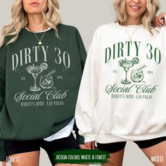 Personalized Dirty 30 Sweatshirt Custom Name Dirty Thirty Crewneck Birthday Party Favors Cocktail Social Club Sweater 30th Birthday Gift 30th Birthday Shirt Girls Trip Gift Girls Weekend Sister Trip The perfect Custom Dirty 30 Sweatshirt for a stylish Birthday Girl and her Birthday Crew! This Personalized Matching 30th Birthday Sweater makes the perfect Gift for 30th Birthday Gift. It's made from a Premium Soft Ring Spun Cotton Blend Fabric for perfect spring and summer comfort. Full of style an Desert Bachelorette, Bachelorette Merch, Luxury Bachelorette, Scottsdale Bachelorette, Bride Sweatshirt, Cocktail Club, Club Sweatshirts, Bachelorette Shirts, Cow Girl