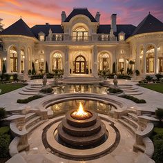 a large house with a fountain in front of it