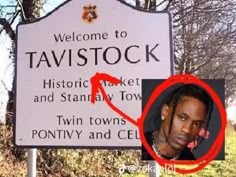 there is a sign with the name of travis stock on it and an image of a man's head