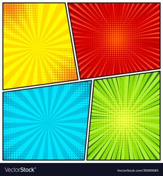 four different color pop art designs with sunbursts in the middle and bottom