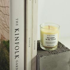 a candle sitting on top of two books next to each other