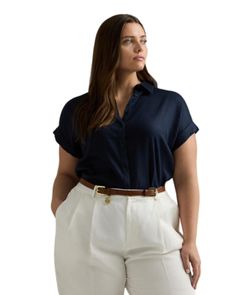 Lauren Ralph Lauren Plus Size Dolman Sleeve Linen Shirt Plus Size Ralph Lauren, Classic Tops With Rolled Sleeves In Relaxed Fit, Ralph Lauren Summer Workwear Tops, Ralph Lauren Relaxed Fit Summer T-shirt, Ralph Lauren Summer Workwear Shirt, Ralph Lauren Summer Work Shirt, Ralph Lauren Summer Shirt For Workwear, Elegant Short Sleeve Tops With Rolled Sleeves, Elegant Tops With Rolled Short Sleeves