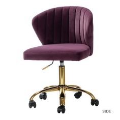 an office chair with wheels and a purple velvet upholstered seat, viewed from the front