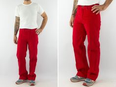 "Vintage pants - Rica Lewis Made in France 1970/80's Red velvet pants. Straight cut. High waist. 5 belt loops.  Zipper closure. 2 front gusset pockets. 2 back patch pockets. In very good condition. Some signs of use. To note (photos): Shortened hem. 100% cotton  No size label. Size estimate: M The model wears usually size M and measures 175cm - 68,8\". Measures (flat):  Waist: 40cm - 15,7\" Front crotch: 28cm - 11\" Back crotch: 37cm - 14,5\" Inseam: 79cm - 31,1\" Leg width: 27cm - 10,6\" Lower legs: 24cm - 9,4\" Length: 104cm - 40,9\" Please note that our items are  vintage and may have minor imperfections. For more details, product information or additional photos, please do not hesitate to contact us." Vintage Red Pants With Pockets, Retro Red Cotton Pants, Vintage Red Full-length Pants, Vintage Red Full Length Pants, Vintage Red Straight Leg Pants, Red Velvet Pants, Straight Cut Jeans, Velvet Pants, Vintage Pants