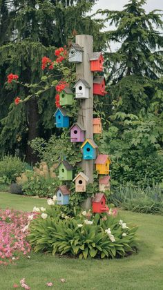 a bird house tree in the middle of a flower garden