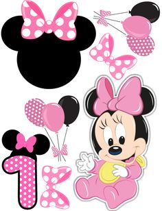 minnie mouse cutouts and balloons with the number one on it's head,