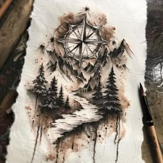 North Star Tattoo Master Files Mountain Nature Tattoo Design, Make Back Tattoo, Quad Men’s Tattoos, Nature Mountain Tattoo, Waterfall Tattoos For Women, Back Of The Calf Tattoos For Women, Woods Drawing Forests, Cliff Tattoo