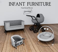 an infant's room with furniture and accessories on the wooden floor, including a baby carriage