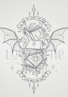 an artistic tattoo design with books and wings