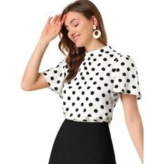 Designed to be versatile, this piece is perfect for work, holidays and everywhere in-between. Simple and vintage, this top is a good option for your next workday. Sweetly spotted and gracefully flare sleeves, this polka dots print top is a charming addition to any look. Pair with skinny jeans or skirt for a chic look. Retro Black Tops For Work, Fitted Polka Dot Blouse For Work, Polka Dot Short Sleeve Blouse For Work, Vintage Polka Dot Blouse For Workwear, Vintage Polka Dot Blouse For Work, Stand Collar Shirt, Flared Sleeves Top, Flare Sleeves, Womens Business Casual