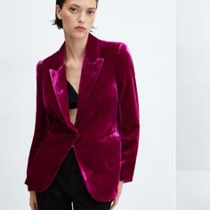 Mango Velvet Blazer Sold Out Everywhere New With Tags Gorgeous Fuschia Color Size Medium Brand New - No Issues From Mango Website: Velvet Fabric. Straight Design. Long Design. Lapel-Collar V-Neck Collar. Lapel With Notch. Long Sleeve. Two Front Welt And Flap Pockets. Welt Pocket On The Chest. Button Fastening On The Front. Inner Lining. Composition: 100% Polyester. Lining: 100% Polyester. Piping: 100% Polyester. Ref. 77088273-Combi-Lm Fuschia Color, Pink Blazer, Velvet Blazer, Neck Collar, Lapel Collar, Velvet Fabric, Welt Pocket, Blazer Suit, Piping