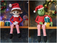 two pictures of the same stuffed animal wearing christmas stockings and santa's helper hat