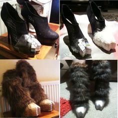 four different pictures of shoes with fur on them