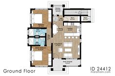 the ground plan for a two bedroom apartment with an attached kitchen and living room area