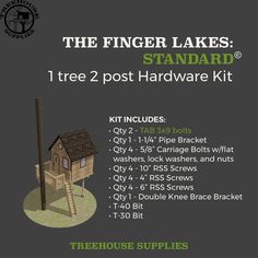 Treehouse Supplies THE FINGER LAKES: STANDARD © 1 tree 2 post hardware kit Custom Treehouse, Hammock Netting, Tree House Plans, Lag Bolts, The Finger Lakes, Tree House Designs, Carriage Bolt, Single Tree, Finger Lakes