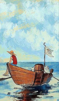 a painting of a man in a boat on the water with a flag flying above him