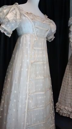 Fashion Museum, Bath. 1817 Frock. Lace and gauze. Frock made of transparent silk… 19th Century Dress, Fashion Museum, Museum Fashion, Satin Fashion