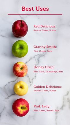 an image of apples and other fruits on a white counter top with the words best uses