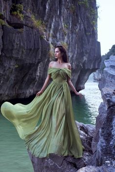 Green Goddess Dress, Goddess Shoot, Evil Clothes, Green Flowy Dress, Organza Maxi Dress, Gown Aesthetic, Spiritual Magic, Magic Realms, Green Formal Dresses