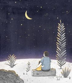 a boy sitting on a log looking at the night sky with stars and moon in the background