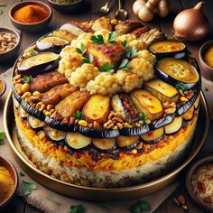 a large cake covered in lots of different types of food on top of a table