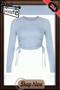 Sexy O-neck Long Sleeve Bodycon Cropped Tops Autumn Women Irregular Drawstring Bandage Knitted Solid T-shirt Spring Crew Neck Crop Top For Night Out, High Stretch Casual Party Tops, High Stretch Solid Color Crop Top For Spring, High Stretch Crew Neck Crop Top For Spring, Autumn 2022, Cropped Tops, Long Sleeve Bodycon, Online Store, Shop Now