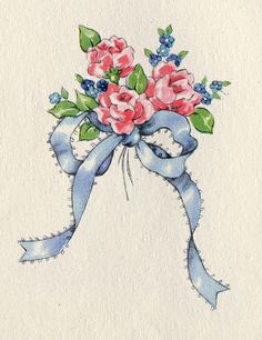 a watercolor painting of pink roses and blue flowers on white paper with a ribbon