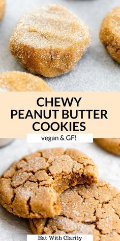 chewy peanut butter cookies are stacked on top of each other with the words vegan gf