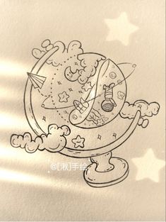 a drawing of a globe with clouds and stars around it