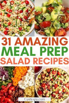 the cover of 31 amazing meal prep salad recipes with pictures of different types of salads