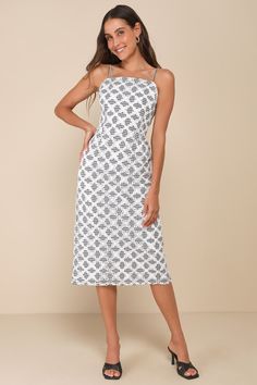 You'll have your crush swooning when you show up wearing the Lulus Flirty Date Black and White Gingham Eyelet Sleeveless Midi Dress! Lightweight woven fabric, with a charming gingham print and lace-like, pierced eyelet embroidery throughout, shapes adjustable spaghetti straps that support a bodice with a straight neckline. Fitted silhouette continues across the waist and into a chic column skirt with a midi hem and a kick pleat at back. Hidden zipper/clasp at back. Fit: This garment fits true to Gingham Sleeveless Midi Dress For Day Out, Sleeveless Gingham Midi Dress For Day Out, Chic Sleeveless Gingham Dress, Sleeveless Gingham Sundress For The Beach, Fitted Gingham Sleeveless Sundress, Sleeveless Gingham Dress For Day Out, Sleeveless Gingham Beach Dress, Sleeveless Gingham Dress For Vacation, Eyelet Midi Dress