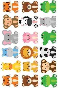 an assortment of cartoon animals with different colors