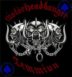 the logo for motorheadbands, featuring two skulls and chains on black background