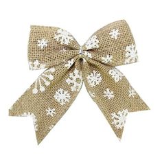 a large bow with snowflakes on the front and bottom, tied in burlock