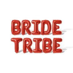 the word bride tribe spelled out in red balloon type letters on a white background photo