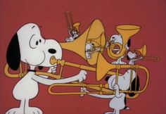 a cartoon dog playing a trumpet with other dogs