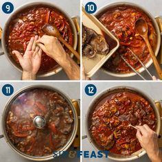 four pictures showing how to make an italian dish with meat and vegetables in a saucepan