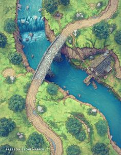 an aerial view of a bridge over a river in the middle of a lush green field