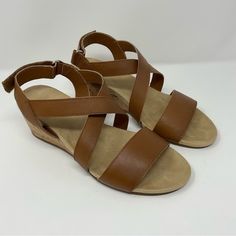 Lands End Women’s Cork Wedge, Velcro Strap Adjustment Along The Back Of The Heel, Memory Foam Insole. Brand New Without Box Or Tags. Size 8b Cognac Color 2” Wedge Brown Medium Width Wedge Sandals For Vacation, Cognac Color, Cork Wedges Sandals, Wedge Sandal, Womens Shoes Wedges, Velcro Straps, Color 2, Cork Wedge, Lands End