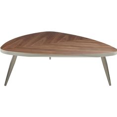 a wooden table with metal legs and an oval shaped design on the top, against a white background