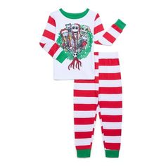 Happy Holidays from your favorite skeleton friend! The Long-Sleeve Top & Pants Set will be a sure hit for your child whos a fan of The Nightmare Before Christmas, featuring a striped pattern and Christmas-themed Jack Skellington graphic for all the spooky holiday vibes. Made with comfort in mind and a cozy polyester mix fabric, your child will enjoy this pajama set as he chills at home or catching some Zzzs. Size: 8.  Color: White.  Gender: male.  Age Group: kids. Christmas Nightmare Before Christmas, Boys Footed Pajamas, Snowman Baby, Black Pokemon, Christmas Pajama Set, Holiday Vibes, Christmas Pjs, Holiday Pajamas, Kids Clothes Boys