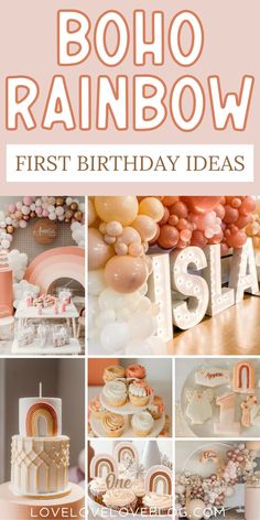 Pinterest graphic with text that reads "Boho Rainbow First Birthday Ideas" and an image collage of boho rainbow-themed first birthday party ideas. Boho Rainbow First Birthday Party, Rainbow First Birthday Party, Ideas For A Photoshoot, Boho Baby Birthday, Boho Rainbow First Birthday, Smash Cake Ideas, Boho Rainbow Birthday Party, Best Party Ideas, Girly Theme