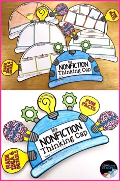 the non fiction thinking cap is shown in two different colors and shapes, with text below it