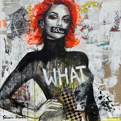 a painting of a woman with red hair and words painted on her face in white letters