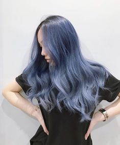 Muted Blue Hair, Blonde Highlights On Dark Hair, Dyed Hair Blue, Dark Hair With Highlights, Muted Blue, Blue Ombre, Hair Dye, Blonde Highlights, Dark Hair