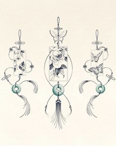 an artistic drawing of flowers and birds hanging from hooks