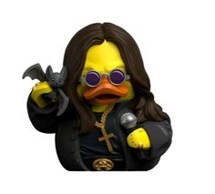 a rubber duck wearing sunglasses and holding a bat in one hand with a microphone in the other